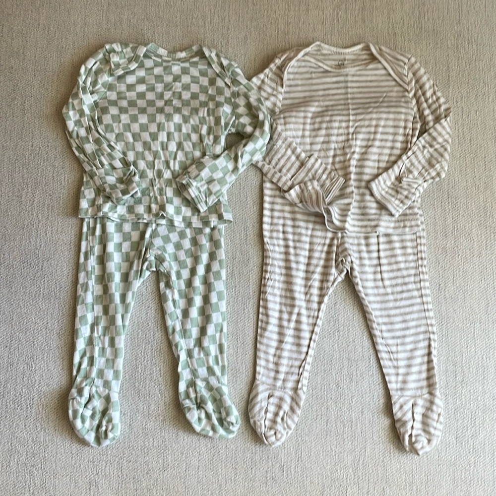 solly baby Green Checker and Cream Stripe Matching Footed Pajama Set